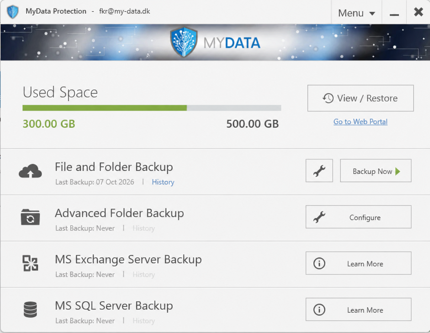 MyData Backup på computer med lagerforbrug, sikkerhedskopiering af filer og mapper og gendannelse.