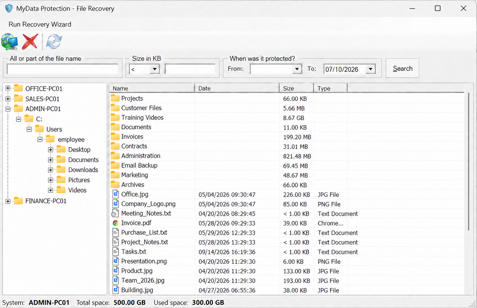 MyData Backup-gendannelse med mappetræ og sikkerhedskopierede filer med datoer, størrelser og filtyper.