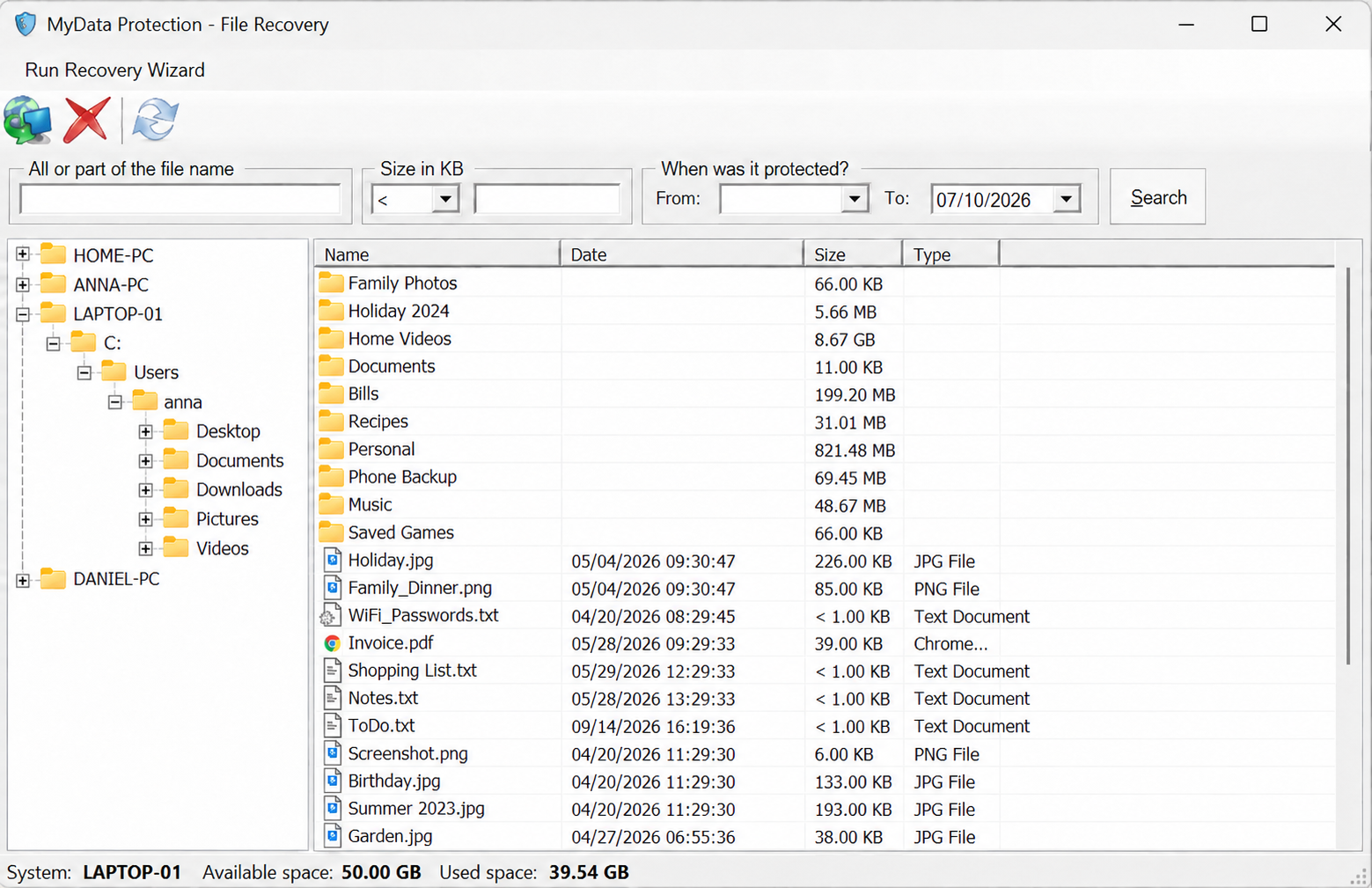 MyData Backup-gendannelse med mappetræ og sikkerhedskopierede filer med datoer, størrelser og filtyper.