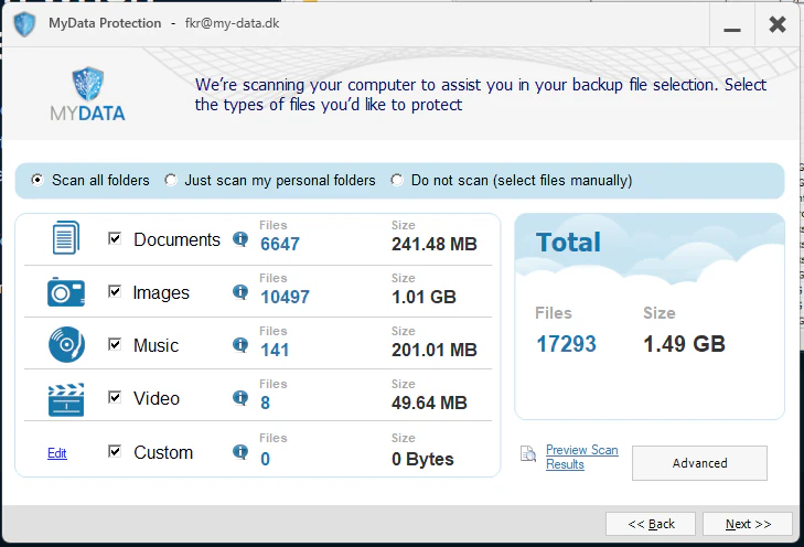 MyData Backup-filvalg med dokumenter, billeder, musik, video og brugerdefinerede filer samt antal og størrelser.