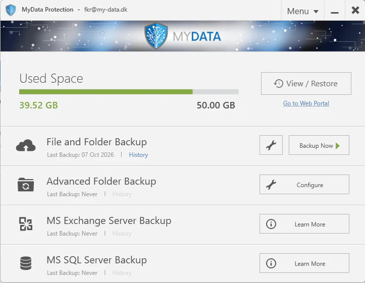 MyData Backup på computer med lagerforbrug, sikkerhedskopiering af filer og mapper og gendannelse.