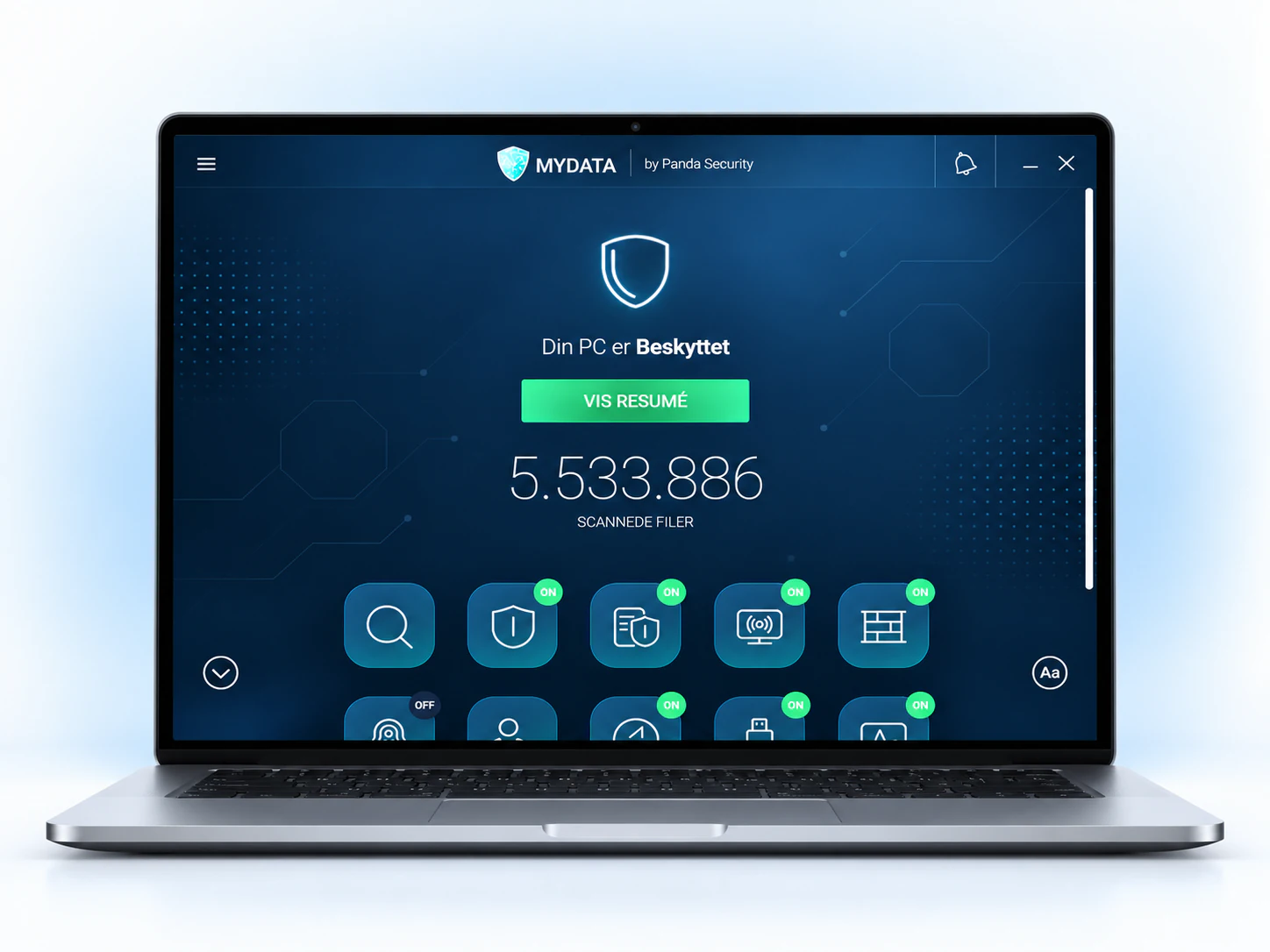 MyData Securitys rigtige dashboard med beskyttelsesstatus, scannede filer og sikkerhedsværktøjer