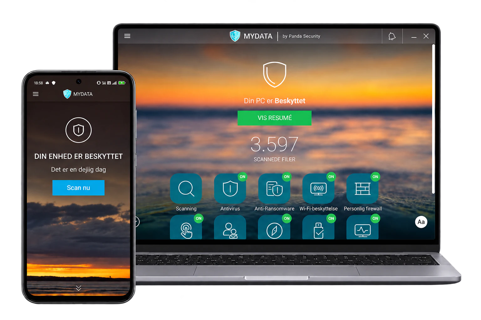 MyData Anti-malware aktiv på en laptop og en telefon